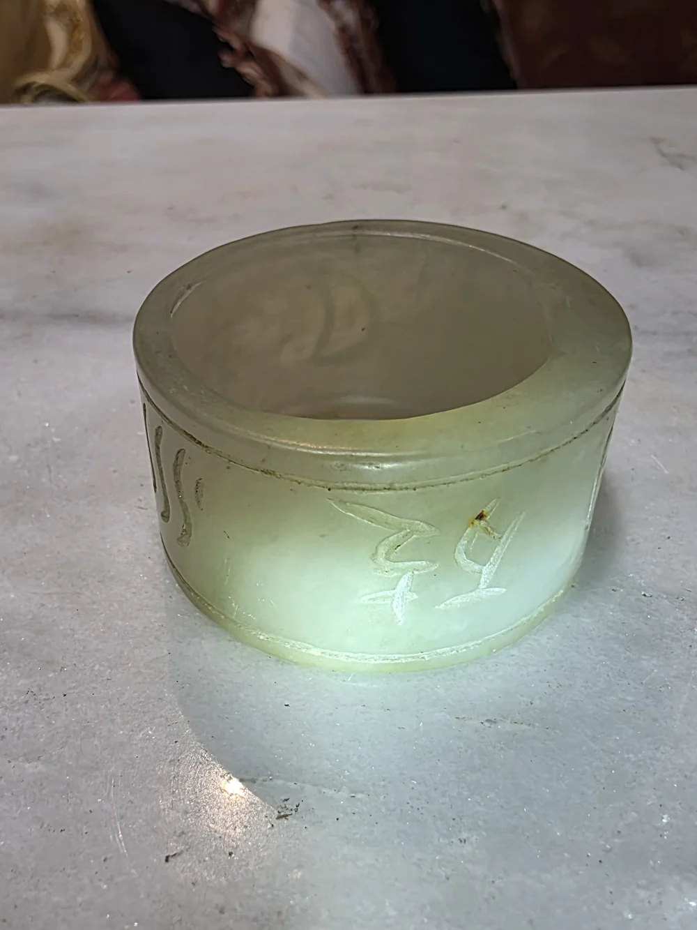 Chinese Nephrite Jade Cylinder Inscribed Character Ornament w/ Wood Stand 55g
